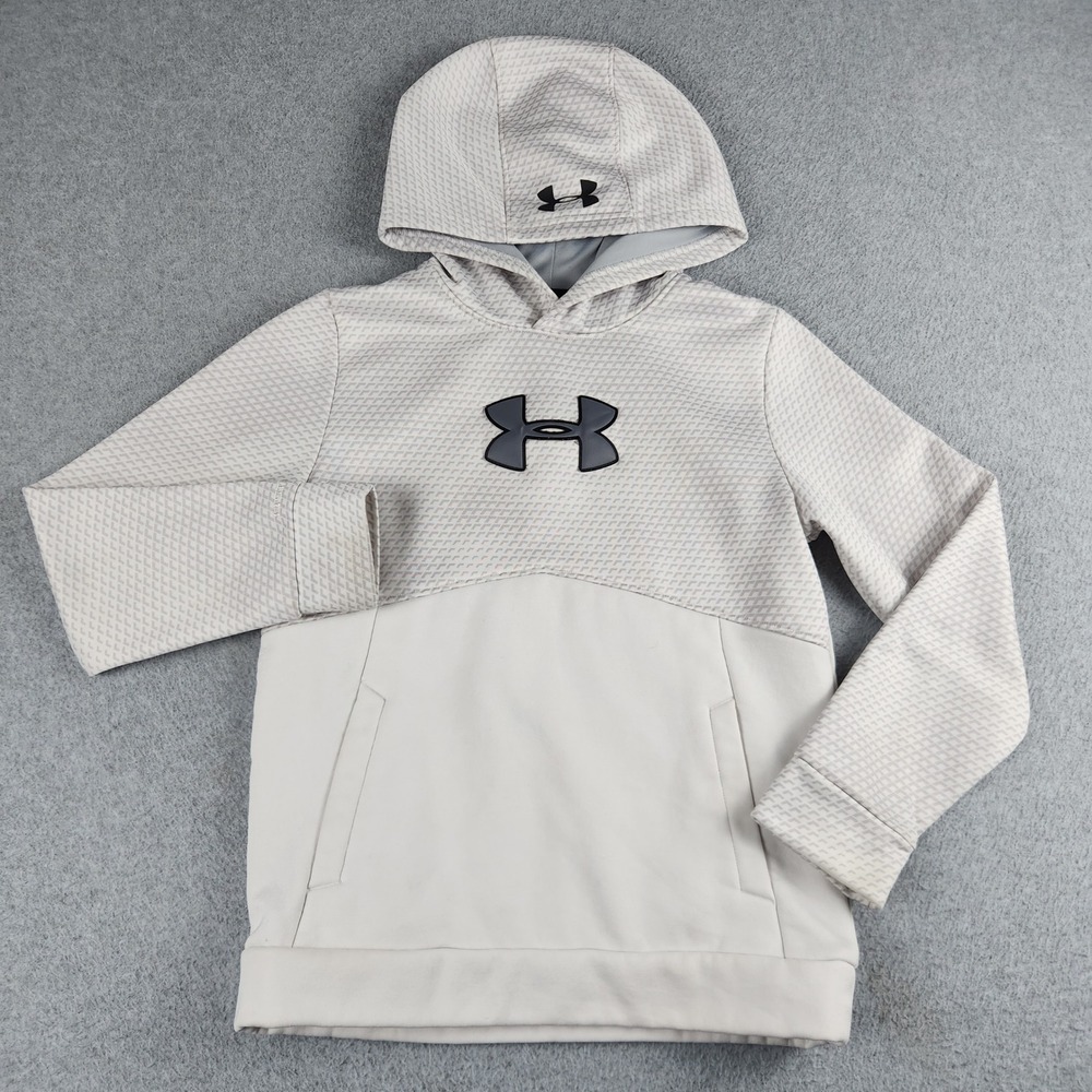 Under Armour Hoodie Youth Medium Gray White Fleece Lined ColdGear Logo Pullover